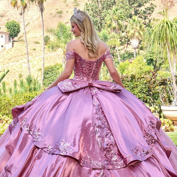 New Dusty Rose Off The Shoulder Maxi Satin Quinceanera Gown w/ Sequins GL3794 - Picture 9 of 14